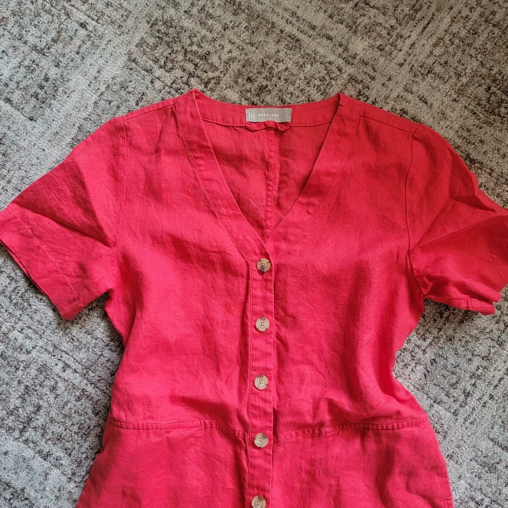 Everlane 100% Linen Short Sleeve Cropped Straight‎ Leg Jumpsuit in Red Size 4